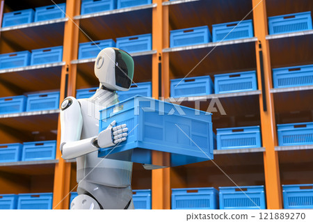 Automation warehouse with assistant robot work in warehouse 121889270