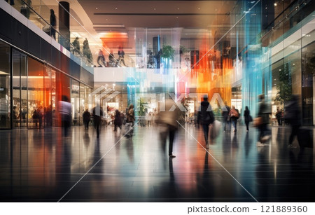 Motion blur effect, busy shopping mall scene, diverse people with colorful shopping bags 121889360