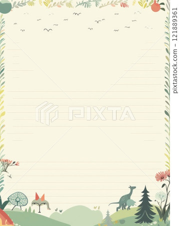 Sheet template for notebook, cute animals in the forest, Cartoon, notepad, diary. Lined paper. Cute character. 121889361