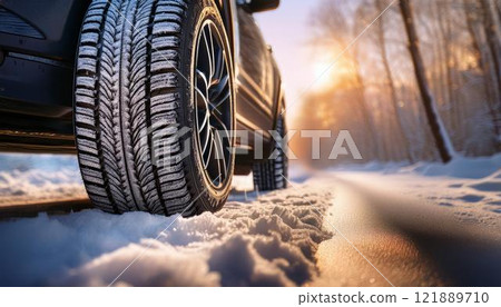 Image 1 of a car running on snowy roads with winter tires 121889710