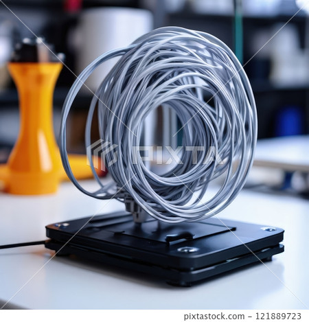 the AI Image Generator, Coiled Cable on a Desktop Electronics Component 121889723
