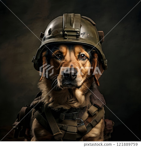 the AI Image Generator, Heroic Dog in Combat Gear Posing Against 121889759
