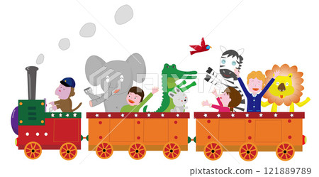 Children and animals enjoying a ride on a retro steam locomotive. 121889789