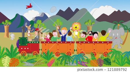 Kids having fun riding on a retro steam locomotive. 121889792