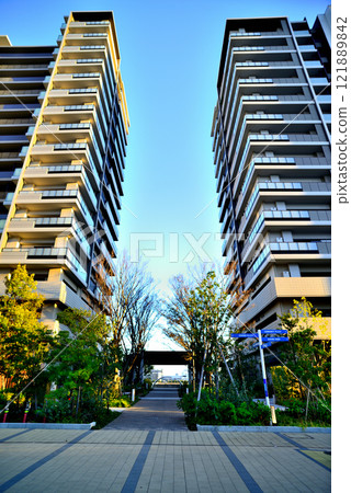Tokyo Harumi Flag and Harumi Greenway Park, evening view of high-rise apartment buildings Tokyo Harumi Flag and Harumi Greenway Park, evening view of high-rise apartment buildings 121889842