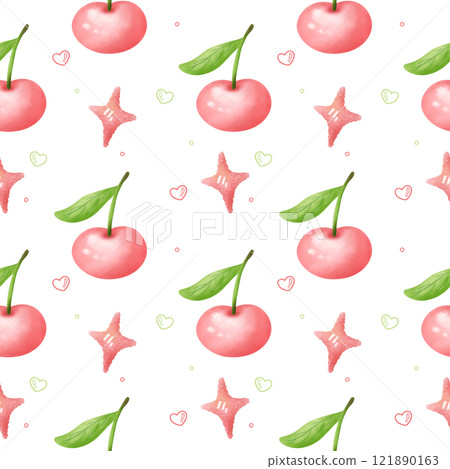 Seamless pattern with cherries and ribbon bow watercolor illustration 121890163