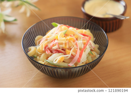 Gourmet salad! Crab stick and macaroni salad with mayonnaise Gourmet salad! Crab stick and macaroni salad with mayonnaise 121890194