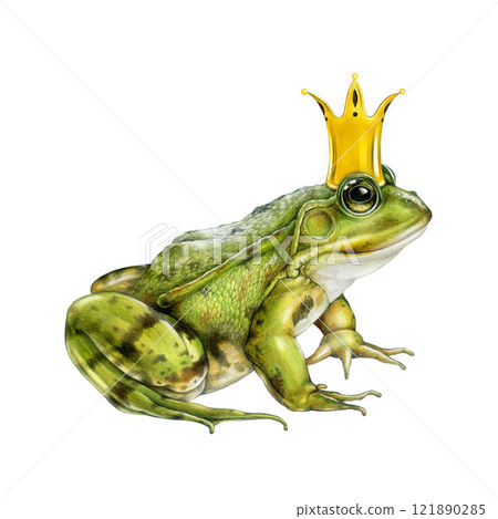 Cute fairytale green frog with a golden crown on head hand drawn vintage style detailed illustration. Fantasy prince or princess frog character isolated on white background Cute fairytale green frog with a golden crown on head hand drawn vintage style detailed illustration. Fantasy prince or princess frog character isolated on white background 121890285