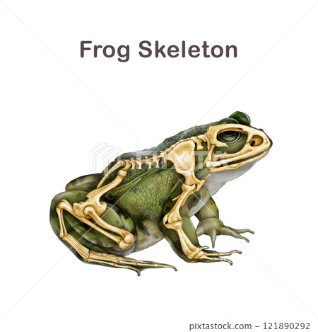 Frog skeleton with body silhouette. Realistic detailed illustration. Amphibia inner anatomy structure for zoology study. Anatomy of a frog with detailed bones science image on white background Frog skeleton with body silhouette. Realistic detailed illustration. Amphibia inner anatomy structure for zoology study. Anatomy of a frog with detailed bones science image on white background 121890292