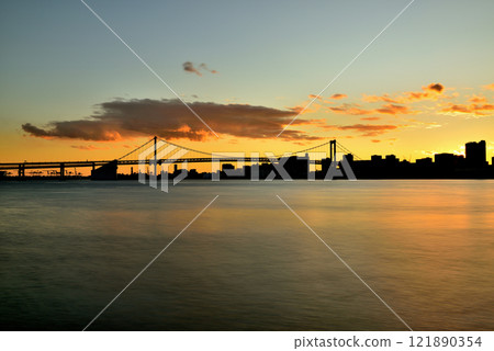 Evening view of Rainbow Bridge and Odaiba Seaside Park from Harumi Pier Park Evening view of Rainbow Bridge and Odaiba Seaside Park from Harumi Pier Park 121890354