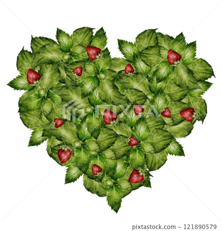 Green Heart watercolor. Herbal heart with strawberries. Hand drawn shape with mint leaves on isolated white background. Ideal for herbal tea and other drinks logo and natural cosmetics Green Heart watercolor. Herbal heart with strawberries. Hand drawn shape with mint leaves on isolated white background. Ideal for herbal tea and other drinks logo and natural cosmetics 121890579