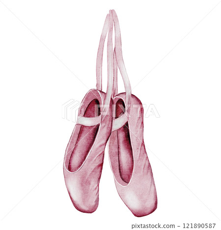 Pointe shoes watercolor. Hand drawn pink ballerina accessories postcard on isolated white background. Clip art of elegant satin ballet shoes with space for name inscription. Ideal card for ballet and 121890587