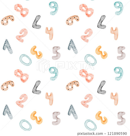 Watercolor Numbers seamless pattern. Cute of colorful cute numbers. Clip art isolated on white background. For design of baby fabrics and invitations. Children's kawaii style 121890590