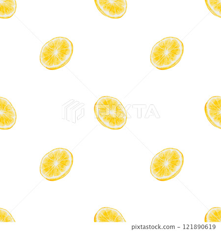 Lemon watercolor seamless pattern. Hand drawn tropical sour fruit. Clip art of juicy yellow lime. Half of citrus on isolated white background. Ideal for tableware, kitchen textiles and cosmetic 121890619