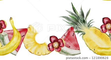Seamless border of tropical fruits. Hand drawn drawing of ripe watermelon and pineapple and bananas cut into pieces. Clip art of exotic fruits on isolated white background. Ideal for building 121890628