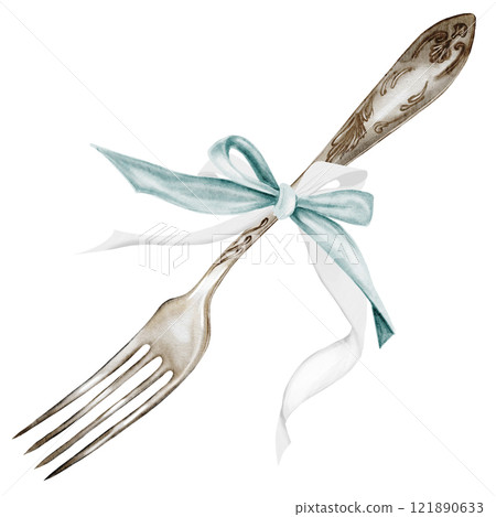 Fork watercolor. Silver cutlery with a bow hand drawn on isolated white background. Clip art of vintage fork made of nickel silver. Ideal for restaurant menu design and cookbooks 121890633