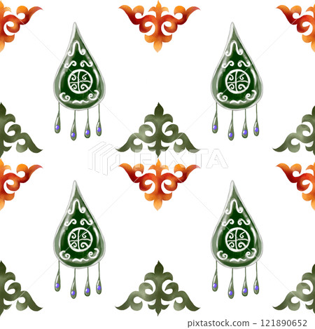 Kazakh pattern seamless watercolor. Ornament with earrings and patterns. Hand drawn illustration on white background of Asian elements. For printing on fabrics and packaging paper for Nauryz Kazakh pattern seamless watercolor. Ornament with earrings and patterns. Hand drawn illustration on white background of Asian elements. For printing on fabrics and packaging paper for Nauryz 121890652