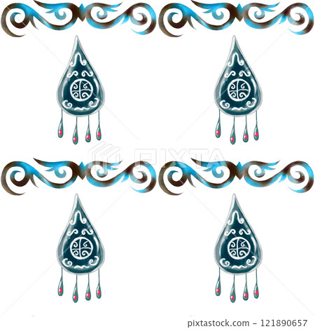 Kazakh pattern seamless watercolor. Ornament with earrings and patterns. Hand drawn illustration on white background of Asian elements. For printing on fabrics and packaging paper for Nauryz Kazakh pattern seamless watercolor. Ornament with earrings and patterns. Hand drawn illustration on white background of Asian elements. For printing on fabrics and packaging paper for Nauryz 121890657