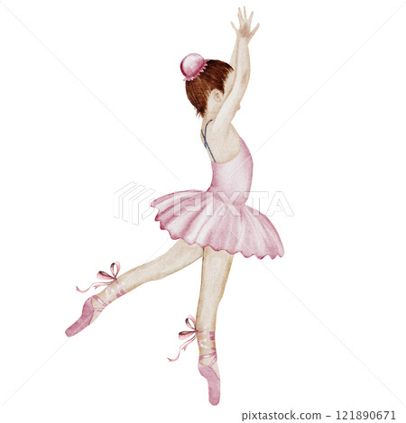 Ballerina watercolor. Ballet girl. Hand drawn incredible dancer in pink tutu skirt. Clip art on isolated white background of cute ballet beauty. Perfect for poster and cards, princess daughter room 121890671