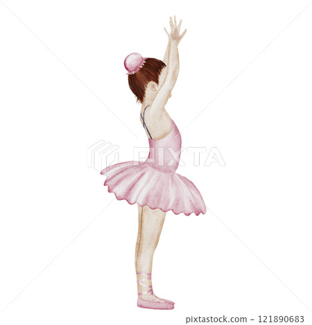 Ballerina watercolor. Hand drawn incredible girl dancer in pink tutu skirt. Clip art on isolated white background of cute ballet beauty. Perfect for poster and cards, princess daughter room design 121890683