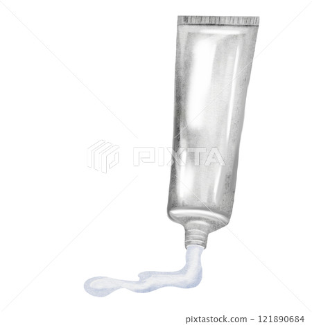 Watercolor toothpaste tube. Oral hygiene toothpaste. Dental hygiene. Dental clip art. Aluminum container of ecological toothpaste. Ideal for decorating posters and brochures in dentistry. 121890684