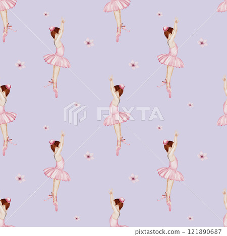 Ballerina watercolor pattern. Hand drawn seamless incredible girl dancer in pink tutu skirt with pink flowers. Clip art on isolated white background of cute ballet beauty. Ideal for baby textiles 121890687