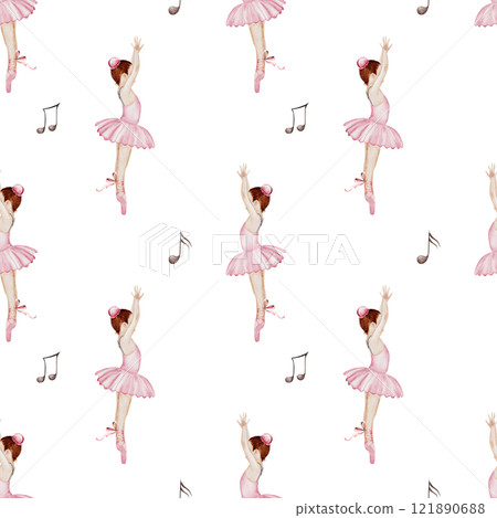Ballet watercolor pattern. Little ballerina. Hand drawn seamless incredible girl dancer in pink tutu skirt with musical notes. Clip art on isolated white background of cute ballet beauty. Ideal for Ballet watercolor pattern. Little ballerina. Hand drawn seamless incredible girl dancer in pink tutu skirt with musical notes. Clip art on isolated white background of cute ballet beauty. Ideal for 121890688