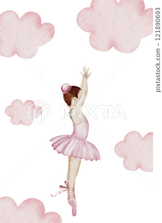 Ballerina watercolor. Ballet. Hand drawn incredible girl dancer in pink tutu skirt on the moon. Clip art on isolated white background of cute ballet beauty. Perfect for poster and cards, princess Ballerina watercolor. Ballet. Hand drawn incredible girl dancer in pink tutu skirt on the moon. Clip art on isolated white background of cute ballet beauty. Perfect for poster and cards, princess 121890693