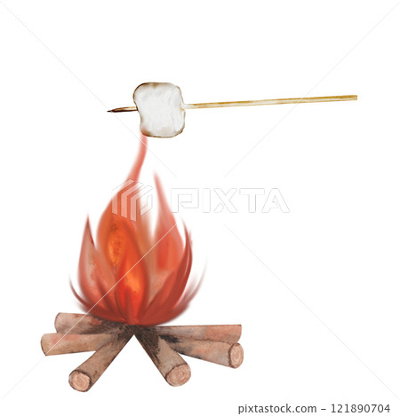 Marshmallow on a wooden stick watercolor. Hand drawn sweet caffeta on a skewer on an isolated white background. Clip art in camp and barbecue style. Ideal for marshmallow packaging 121890704