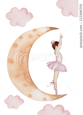 Ballerina watercolor. Hand drawn incredible girl dancer in pink tutu skirt on the moon. Clip art on isolated white background of cute ballet beauty. Perfect for poster and cards, princess daughter 121890705