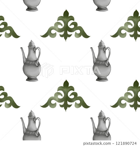 Kazakh national print. Seamless watercolor pattern with ornaments and jugs. For printing on fabrics, packaging paper, bags, shopping bags 121890724