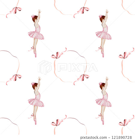 Ballerina watercolor pattern. Hand drawn seamless incredible girl dancer in pink tutu skirt with vintage bows. Clip art on isolated white background of cute ballet beauty. Ideal for baby textiles 121890728