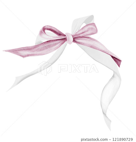 Watercolor bow. Knotted thin ribbon in vintage style. Clip art isolated on white background in coquette and shabby chic style. For designing cards and invitations for weddings and Valentine's Day Watercolor bow. Knotted thin ribbon in vintage style. Clip art isolated on white background in coquette and shabby chic style. For designing cards and invitations for weddings and Valentine's Day 121890729