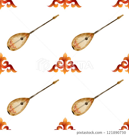 Kazakh watercolor pattern.Ornament with national symbols and dombra. Hand drawing for the Nauryz holiday, for printing on textiles and wrapping paper in a traditional style. Kazakh watercolor pattern.Ornament with national symbols and dombra. Hand drawing for the Nauryz holiday, for printing on textiles and wrapping paper in a traditional style. 121890730