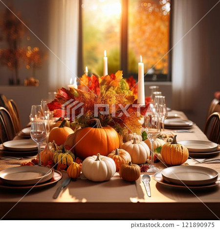 Thanksgiving dinner table decorated with candles, pumpkins and fall leaves 121890975