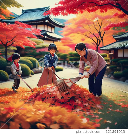 一家人在花園裡撿落葉,五顏六色的葉子形成了一大堆 一家人在花園裡撿落葉,五顏六色的葉子形成了一大堆 121891013