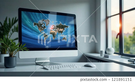 Modern office with a monitor on a white table, on the monitor is a map of the world Modern office with a monitor on a white table, on the monitor is a map of the world 121891151