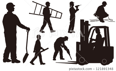 Construction workers vector black and white illustration set 121891348