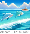 Blue sea and jumping dolphins 121891488
