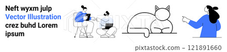 Minimalistic design with two people using laptops, a simple line drawing of a cat, and a person in blue pointing. Ideal for teamwork, technology, pets, minimalism, modern. Banner for landing page Minimalistic design with two people using laptops, a simple line drawing of a cat, and a person in blue pointing. Ideal for teamwork, technology, pets, minimalism, modern. Banner for landing page 121891660