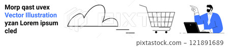 Cloud image, shopping cart icon, and person with laptop pointing. Ideal for technology, e-commerce, cloud computing, online business, digital marketing. Banner for landing page 121891689