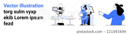 Vector drawing showing a lab with a robot arm, a person working with a screen, and an individual pointing at a board. Ideal for workplace innovation, robotics tech, human-computer interaction, lab Vector drawing showing a lab with a robot arm, a person working with a screen, and an individual pointing at a board. Ideal for workplace innovation, robotics tech, human-computer interaction, lab 121891699