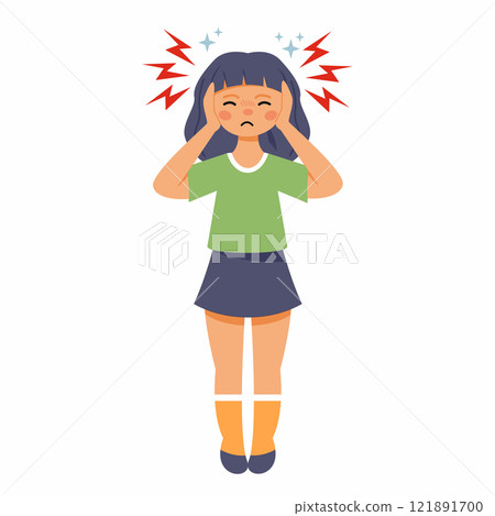 Girl with acute headache. Symptom of viral disease or intestinal infection 121891700