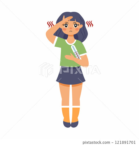 Sad girl with high fever. Symptom of viral disease or intestinal infection Sad girl with high fever. Symptom of viral disease or intestinal infection 121891701