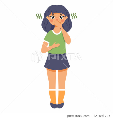 Girl feels nauseous. Symptoms of food poisoning in children. 121891703