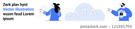 Two cartoon characters pointing at each other with a cloud in the background and random text. Ideal for digital security cloud computing online communication data protection and technology. Banner 121891704