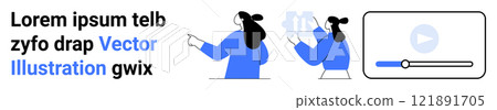 Two people discussing ideas with a video icon and progress bar element. Ideal for teamwork, collaboration, digital content creation, communication, and online education. Banner for landing page 121891705
