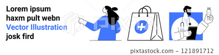 Person pointing to text, a shopping bag with a medical symbol, and a doctor with stethoscope and bottle. Ideal for healthcare, online shopping, medical services, telemedicine, and e-commerce. Banner 121891712