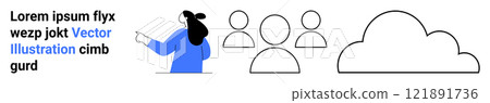 An abstract person in blue pointing at text a group of three outlined people icons a, cloud symbol and placeholder text Ideal for technology teamwork communication cloud computing and digital An abstract person in blue pointing at text a group of three outlined people icons a, cloud symbol and placeholder text Ideal for technology teamwork communication cloud computing and digital 121891736