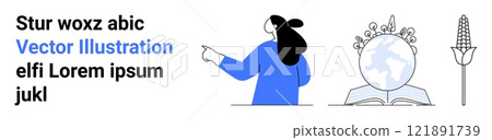 A person pointing, a globe with gears on an open book, and a corn plant. Ideal for communication, education, technology, agriculture, and innovation. Banner for landing page A person pointing, a globe with gears on an open book, and a corn plant. Ideal for communication, education, technology, agriculture, and innovation. Banner for landing page 121891739